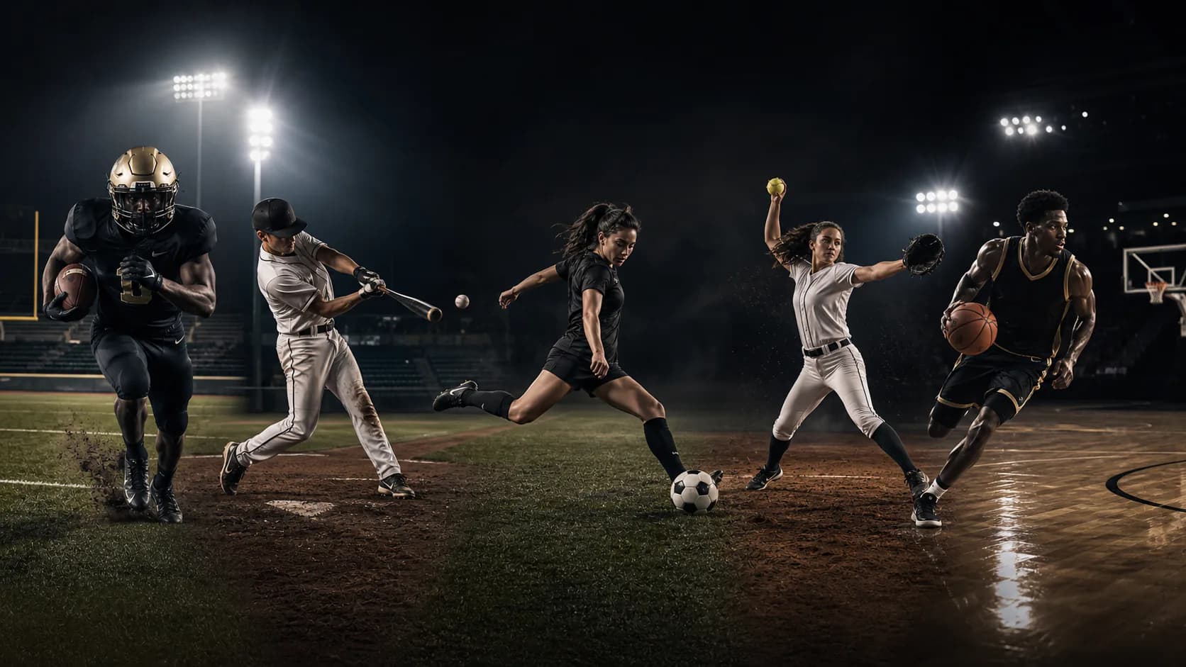 Football, baseball, soccer, softball, and basketball athletes competing under stadium lights