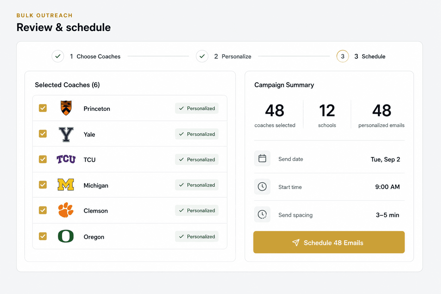 NextCommit bulk outreach campaign showing 48 personalized emails selected and scheduled