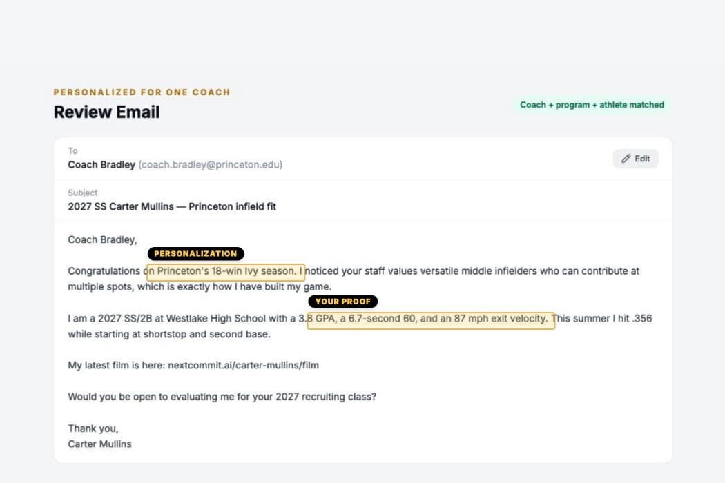 NextCommit personalized email to Coach Bradley referencing Princeton's season and Carter Mullins's specific achievements