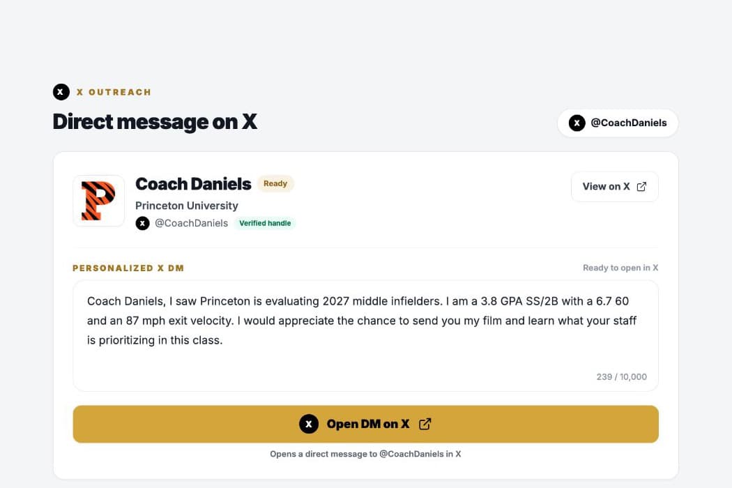 NextCommit X outreach workspace showing Princeton's logo, Coach Daniels's verified X handle, and the Open DM on X action