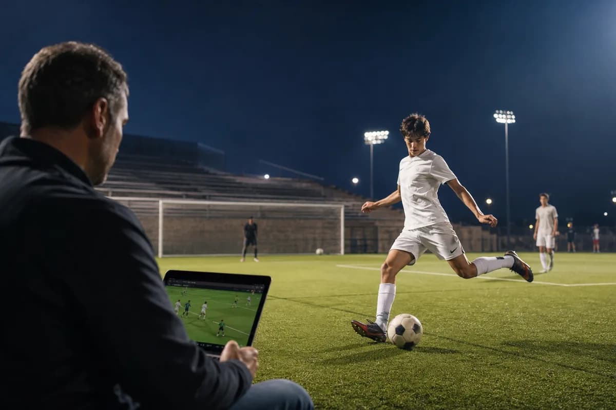 Soccer player striking a ball under stadium lights while a coach reviews game footage on a sideline tablet.
